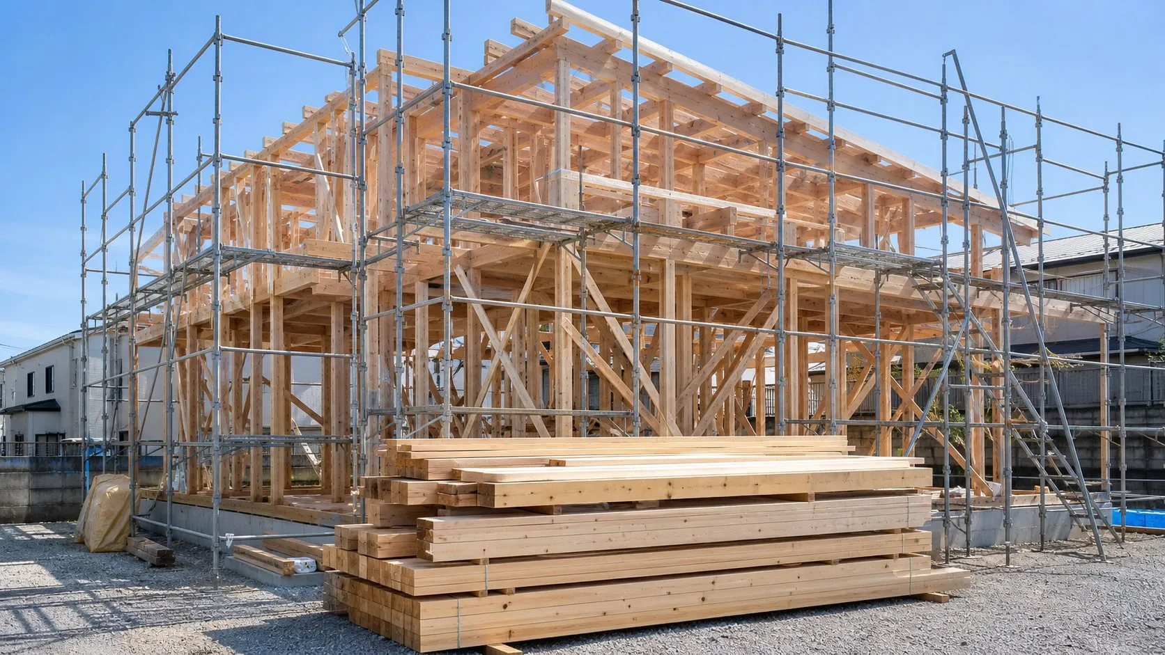 足場が組まれ構造材が組み上がった建築中の木造住宅。手前に製材された木材が積まれている