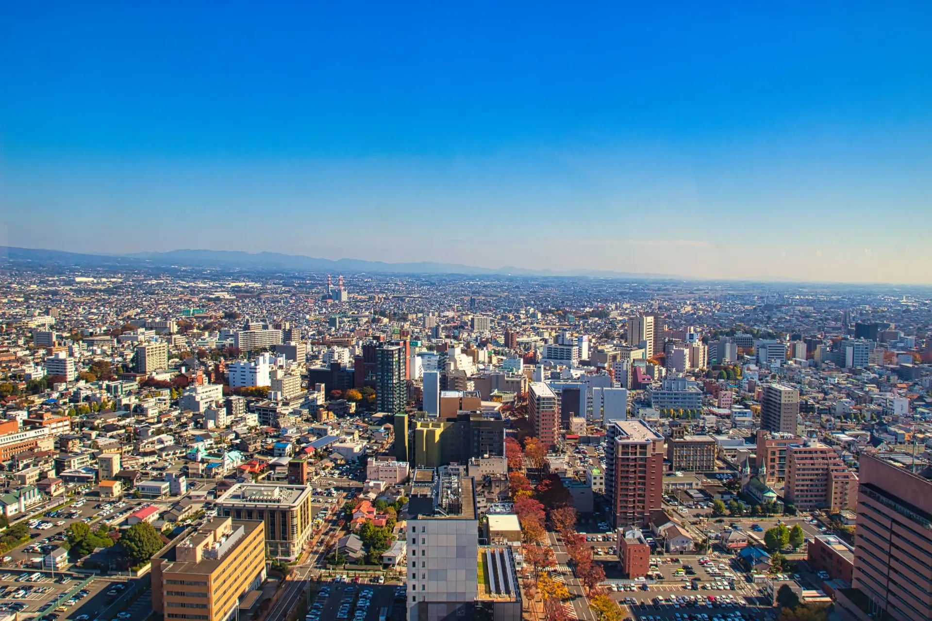 赤城山を望む群馬県の住宅街の眺め