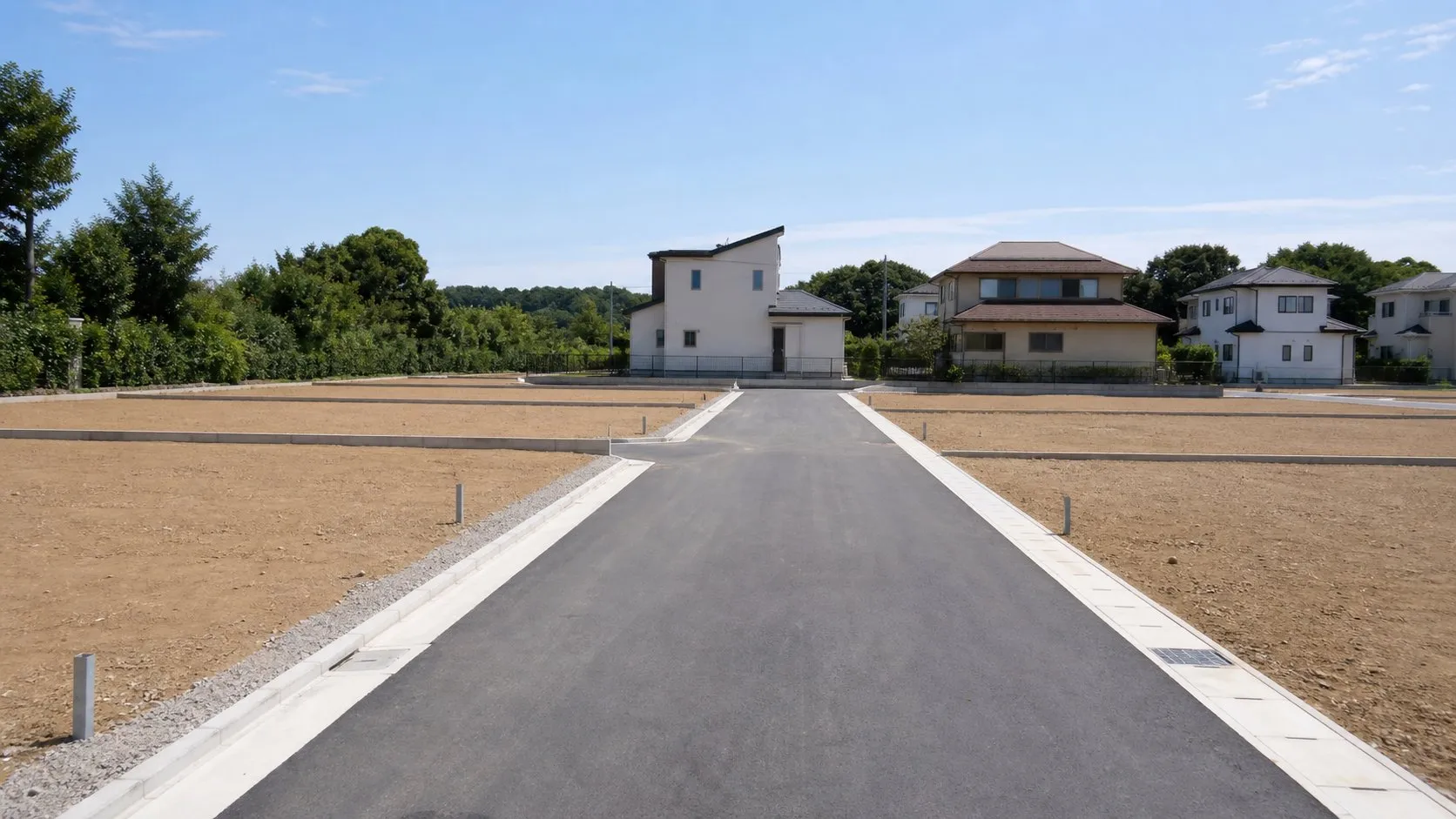 造成が済んだ分譲地。新しく舗装された道路と縁石が伸び、奥に住宅が数軒見える