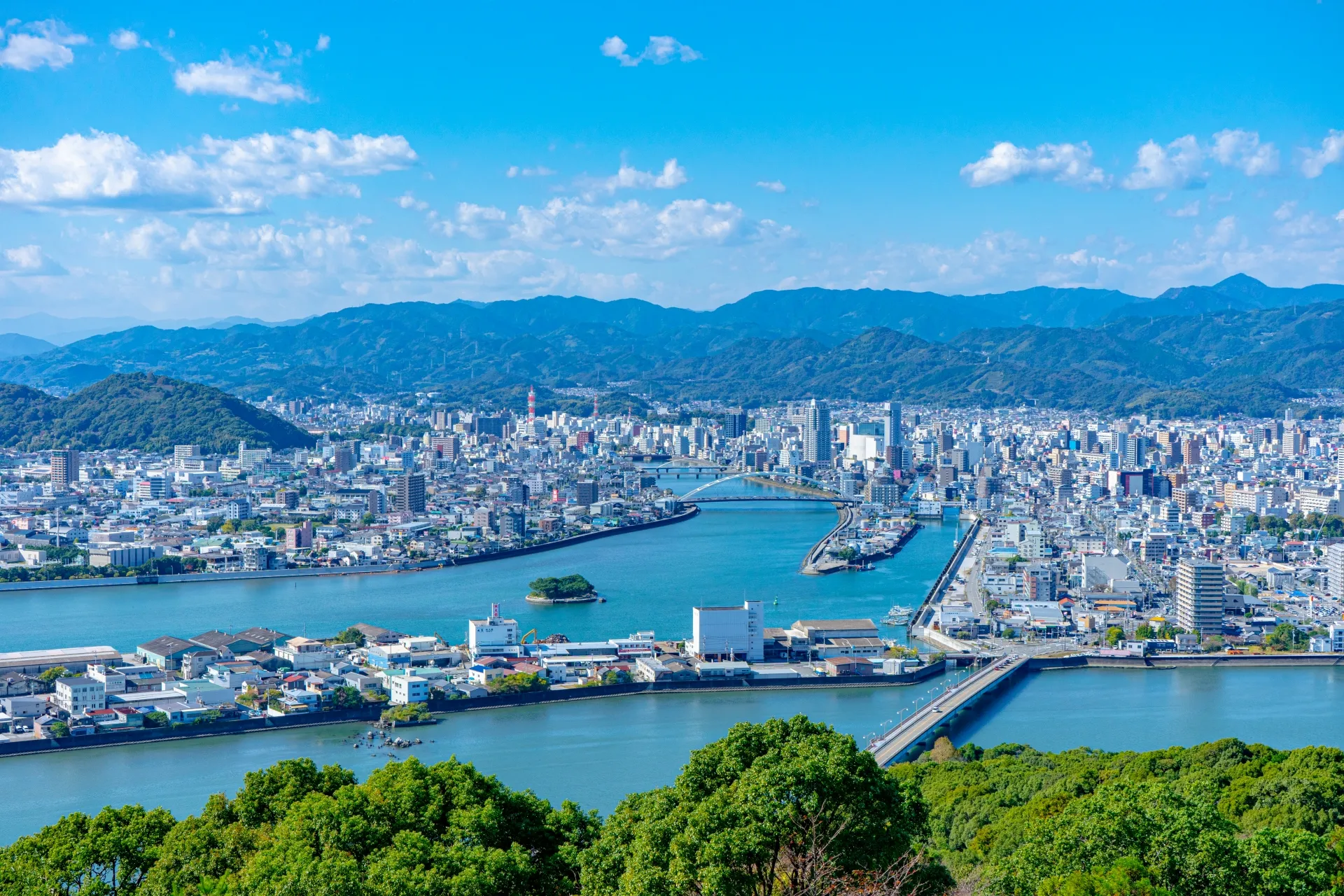山並みと太平洋に囲まれた高知市の市街地の眺め