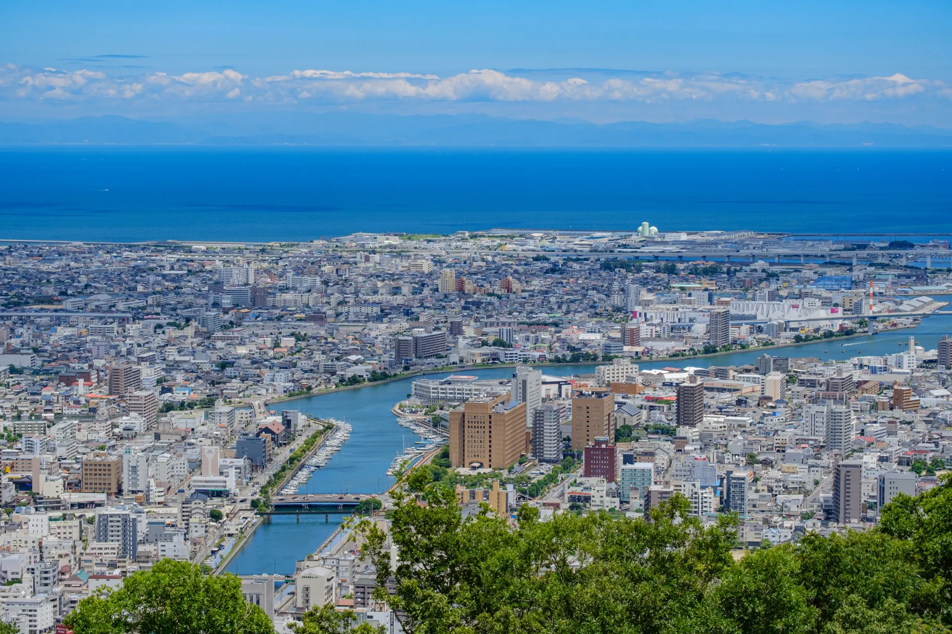 眉山と吉野川を望む徳島市の市街地の眺め