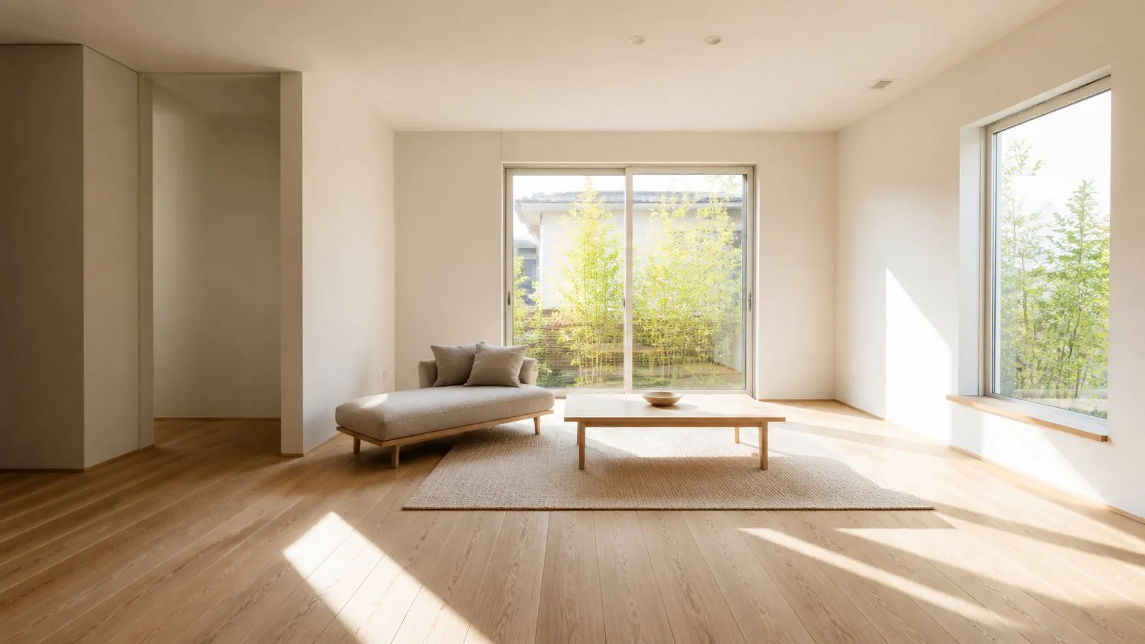 入居して間もない新築住宅のリビング。家具はまだ少なく、大きな窓から午後の光が床に長く伸びている