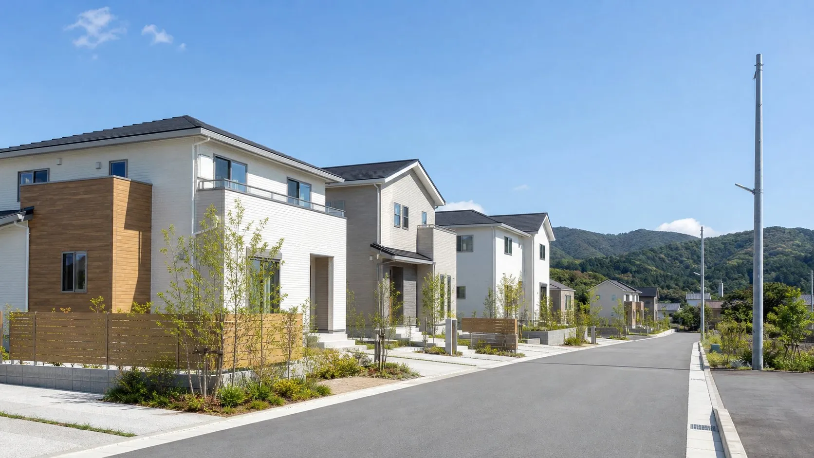 郊外に新しい戸建て住宅が並ぶ住宅街。舗装された道路が伸び、遠景に緩やかな山並みが見える